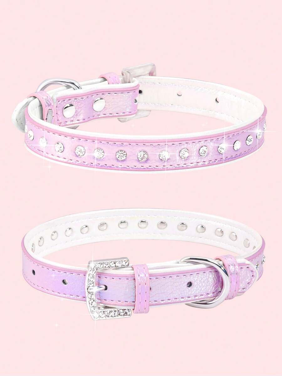 Rhinestone Decor Dog Collar, Adjustable Pet Collar With Color Block Leather For Small And Medium Dogs, Cat Collar - Purple - View 1
