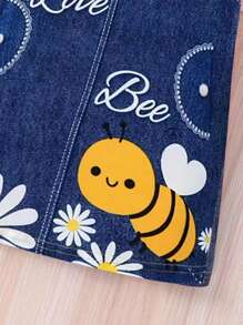 Young Girls' Cute Bee Denim Effect Printed Cap Sleeve Round Neck Casual Dress - Yellow - View 4