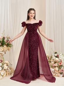 Teen Girl Elegant Off-Shoulder Mermaid Evening Gown With Ruffled Detailing & Flowing Organza Sheer Panels Formal Dresses For Graduation Proms - Burgundy - View 5