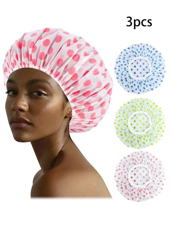 3 Piezas Gorros de baño impermeables de plástico reutilizables con banda elástica, gorros de baño elegantes y a prueba de agua para mujeres y señoras, para spa y salón - Ajustables, reutilizables, gorros de ducha de plástico, 1 pieza, gorro, gorro de ducha, productos para el cabello y accesorios para peluquería, salón de belleza, viaje, artículos esenciales