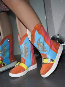 Women's Western Rhinestone Wing Ankle Boots With Buckle Trim - Lug Round Toe Low Heel For Special Events - 彩色 - 查看 1