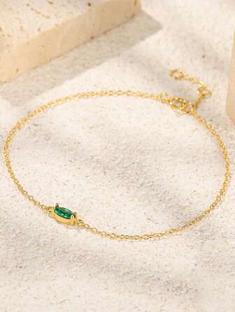 HuooNew 一款簡約的925純銀綠鋯石鑲嵌手鍊，適合女性日常佩戴