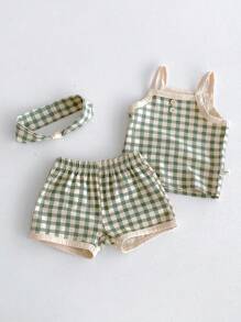 Set de ropa casual de verano para niña bebé con top de tanque a cuadros lindo y pantalones cortos