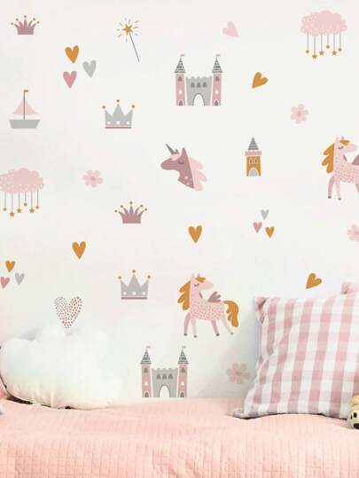 SURELIFE ملصق جداري بطراز مائي وردي للقلعة والحصان الوحيد والقلب، ملصق فني قابل للإزالة من مادة البي في سي، مناسب لغرفة النوم وغرفة المعيشة وديكور المنزل، ملصق ديكوري للربيع يضفي الحيوية على منزلك، ملصق ديكور رامة