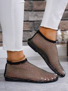 2024 年新款朋克音乐节水钻网眼透气舒适休闲居家沙滩派对女士平底鞋 - 黑色 - 查看 6