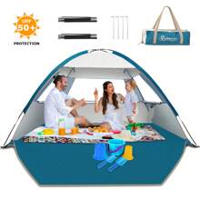 COMMOUDS Beach Tent Sun Shelter, UPF50+ Beach Canopy, Portable & Easy Set-Up Summer Beach Canopy With Storage Bags (3-10 People) - Silver - View 1