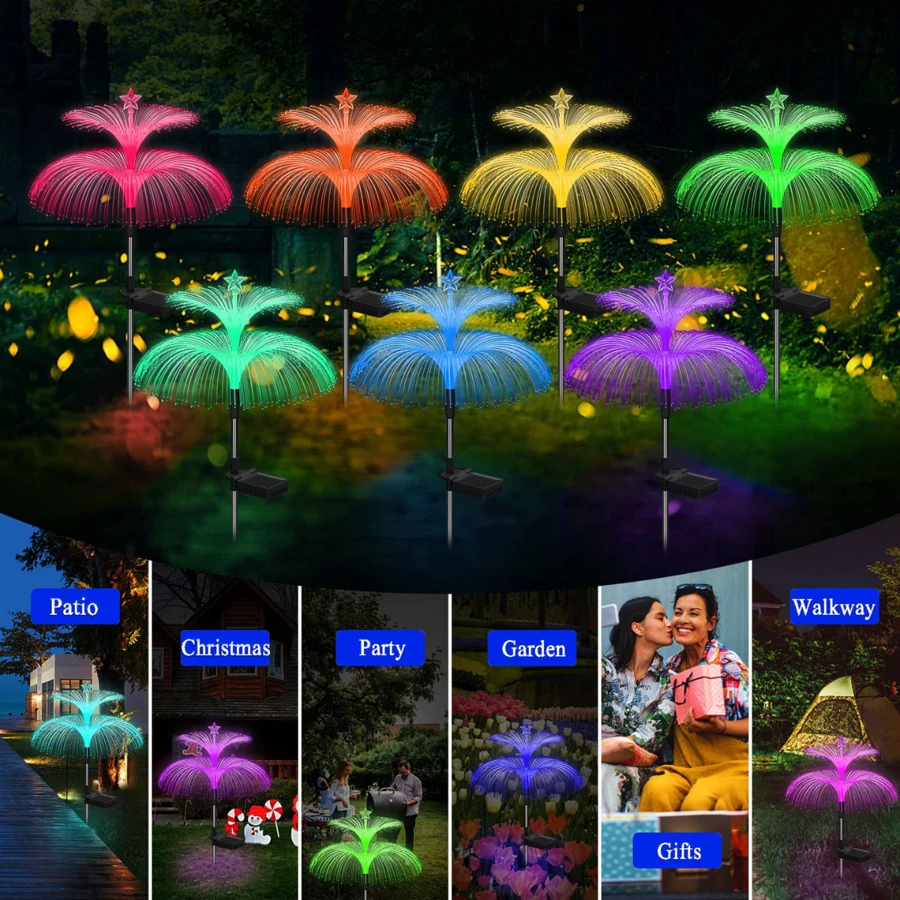 Đèn sứa sợi quang 5 lớp chạy bằng năng lượng mặt trời với điểm nhấn là ngôi sao - Đổi 7 màu, Hoàn hảo cho trang trí sân vườn và bãi cỏ ngoài trời