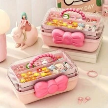 1pc 3-Tier Bowknot Hair Accessories Storage Box For Children, Portable Large Capacity Desk Makeup Organizer, Suitable For Hair Clips And Headbands Valentine Day