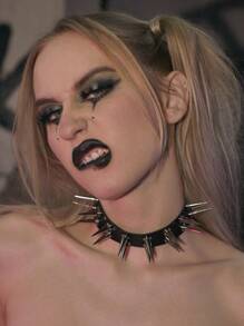 1pc Personalized Punk Double Row Long Spike Rivet PU Leather Choker, Ideal Women's Accessory For Daily Wear - Black - View 1