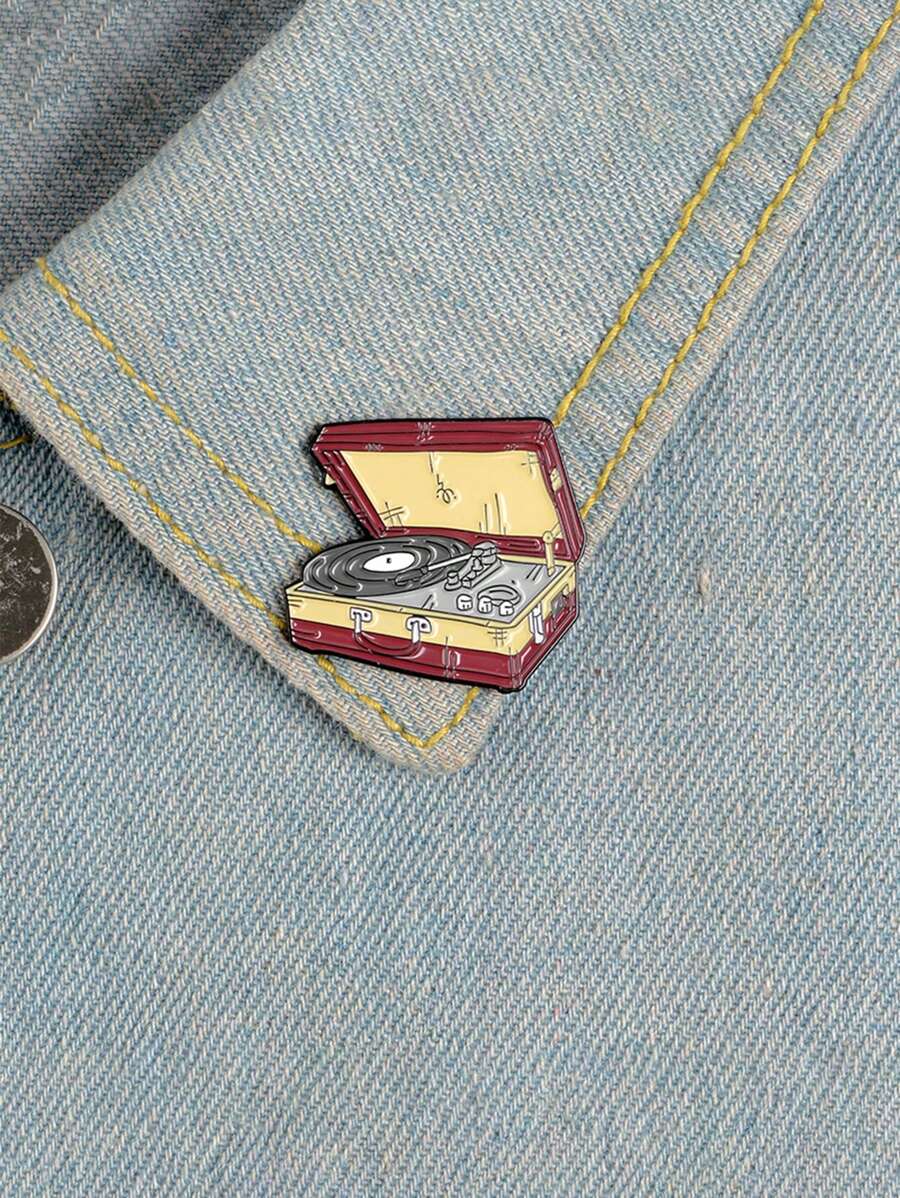 1入組創意復古CD唱機胸針徽章，適用於衣物和背包，時尚珠寶，適合男女日常穿著 - 唱片機 - 查看 1