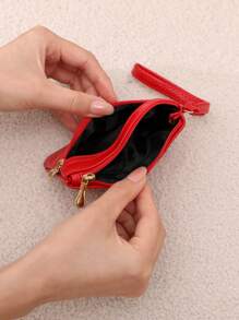 Women's Glossy Short Wallet With Litchi Pattern Wrist Strap Double Zipper Closure For Women Wallet Mini Wallet Purse Wallet Wristlet Wallet Coin Wallet - Red - View 7