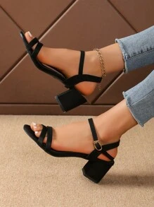 Women's New Round Toe Adjustable Strap Black High Heel Sandals, Summer Street And Party Fashion Casual Elegant Chunky Heel Dress Shoes