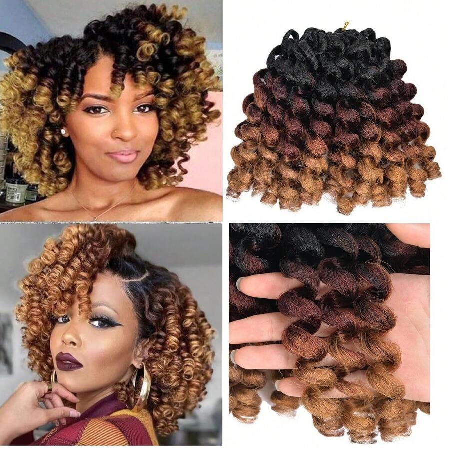 1pc 10 Roots Synthetic Ombre Jumpy Wand Curl Crochet Hair Braids 8/12 Inch Ringlet Short Curly Jumbo Passion Twist Pre Looped Jamaican Bounce Braiding Hair Extensions Pre-Twisted Short Bob Curly Crochet Braids Hair For Women