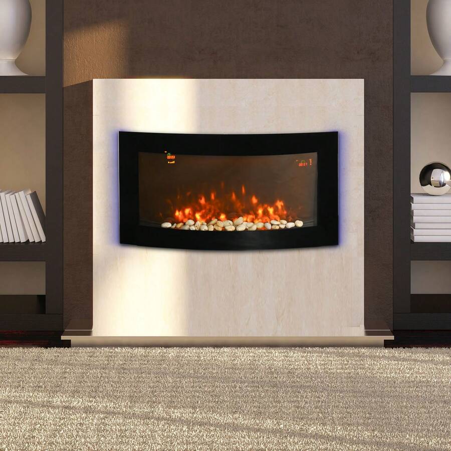 HOMCOM Cheminée électrique Murale éclairages latéraux LED Design Avant-gardiste Affichage LED avec télécommande et minuterie 1000/2000 W luminosité réglable Noir - Noir - Voir 1