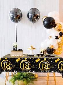1入組黑金風格生日主題PE桌布，18/30/40/50歲生日派對裝飾用一次性桌布