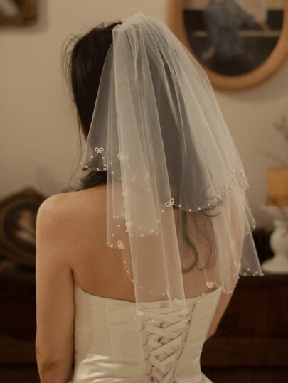 Bride Simple White 60cm Short Veil Bow Element Nail Beads Creative Styling Party Photo Hair Accessory Valentine's Day