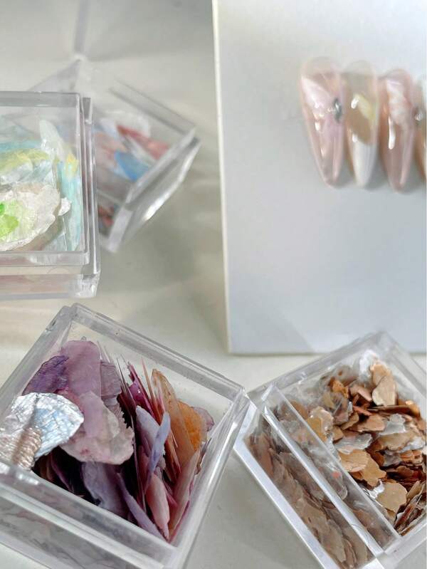4 Caixas/Conjunto Acessórios de Arte de Unhas Assimétricos Ultrafinios de Mica, Mix Inseto Popular de Ágata, Fatias Finas Assimétricas de Concha, Acessórios de Decoração de Unhas DIY, Encantos de Unhas, Gemas de Unhas, Suprimentos de Unhas
