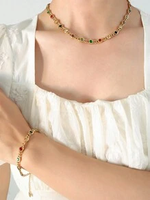 1set MiDuoDuo European & American Style Colorful Zirconia & Chain Link Design Stainless Steel Jewelry Set, Fashion - Dopamine Necklace Set - View 5