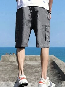 1pc Tween Boy Casual Sport Outdoor Pocketed Fashionable English Letter Patchwork Work Shorts, Spring/Autumn - Grey - View 2