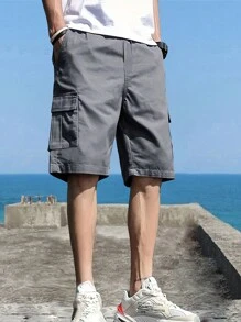 1pc Tween Boy Casual Sport Outdoor Pocketed Fashionable English Letter Patchwork Work Shorts, Spring/Autumn - Grey - View 4