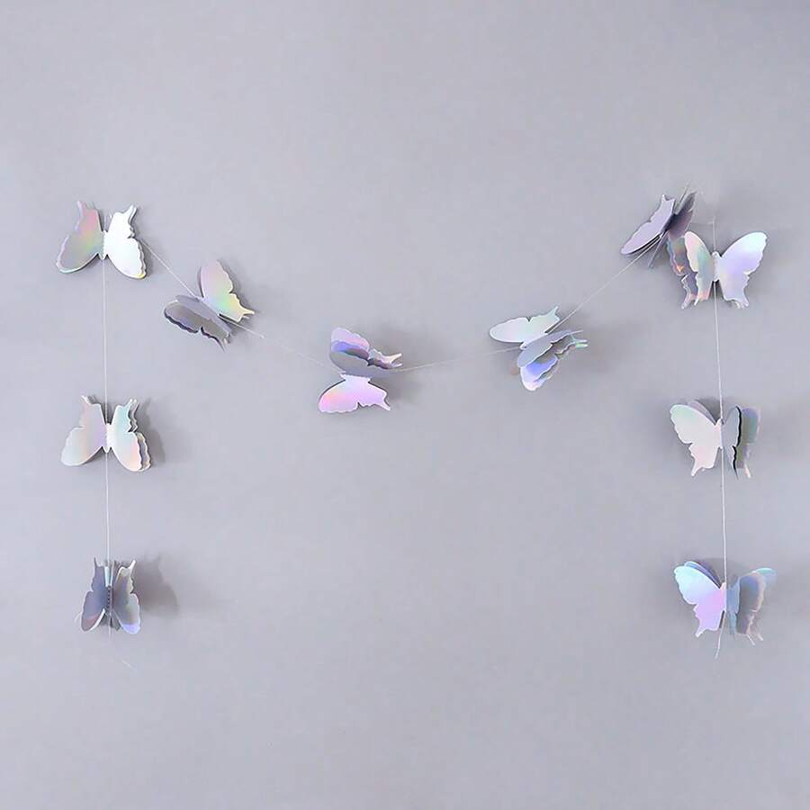 1 pieza Bandera de mariposas 3D Guirnalda de mariposas láser de plata colgante de cortinas de bandera para decoración de pared de fondo de bodas, fiestas de cumpleaños - Multicolor - Ver 1