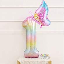 40-Inch Large Size Number & Side Butterfly Foil Balloon Set, Butterfly Themed Birthday Wedding Party Decoration Balloon - Multicolor - View 3