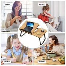 Mesa Plegable Soporte para Laptop - con Portavasos y Diseño con Ranura Inclinación Ajustable de 5 Niveles Soporte Plegable Escritorio Portátil para Comer Escribir Jugar Sofá de Trabajo (nuez) - Caqui - Ver 8