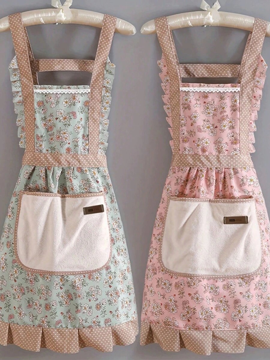 1 pieza Delantal de lona con tirantes y sombrero, Delantal floral transpirable con Delantal de cintura a prueba de agua y aceite, Uniforme de trabajo para camarera de restaurante, Delantal de chef resistente a las manchas, Suministros de cocina
