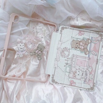 Bunny Pink Stuffed Doll Teddy Bear & Rabbit 2-In-1 Foldable Tripod Stand Compatible With IPad Protective Case (10.2/Air4/Air5/Pro11/10th/10.9/9.7)