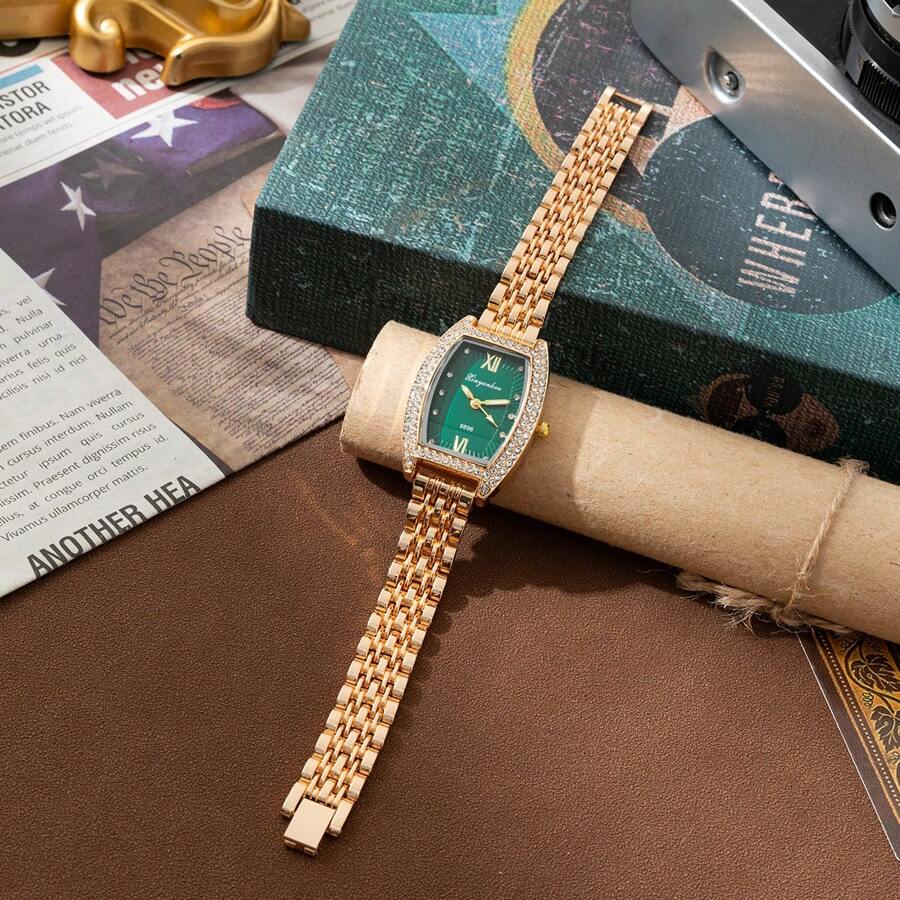 2024 Hàng mới về Đồng hồ đeo tay có mặt số màu xanh lá cây hình thùng có trang trí bằng kim cương giả với bầu trời đầy sao Thiết kế bằng kim cương giả, chống thấm nước làm quà tặng cho học sinh đi học trở lại - Vàng - Xem 1