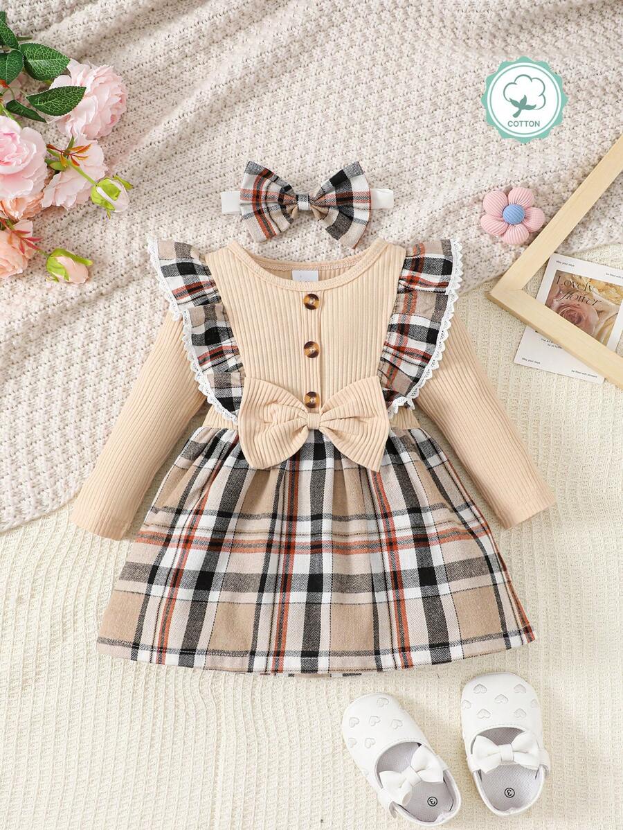 女婴时尚 2 件套罗纹连衣裙套装，适合圣诞节