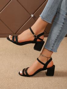Women's New Round Toe Adjustable Strap Black High Heel Sandals, Summer Street And Party Fashion Casual Elegant Chunky Heel Dress Shoes