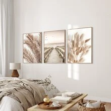 Set de 3 pósteres de lienzo con marco opcional que presentan un diseño boho con diente de león, paisaje y plantas. Arte de pared impermeable, cuadros de pared ideales como regalo, para dormitorio, sala de estar, oficina, baño, comedor, cafetería, bar y decoración del hogar y la residencia