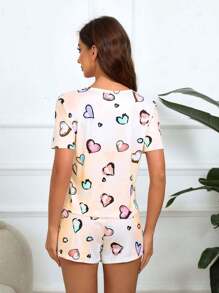 Women's Tie-Dye Heart Print Short Sleeve And Shorts Pajama Set, 2pcs - Multicolor - View 5