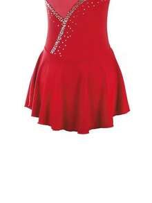 Disfraz de patinaje artístico rojo sin mangas con red en la espalda, pedrería, alto estiramiento, traje de entrenamiento de competición de patinaje artístico, disfraz de baile - Rojo - Ver 5