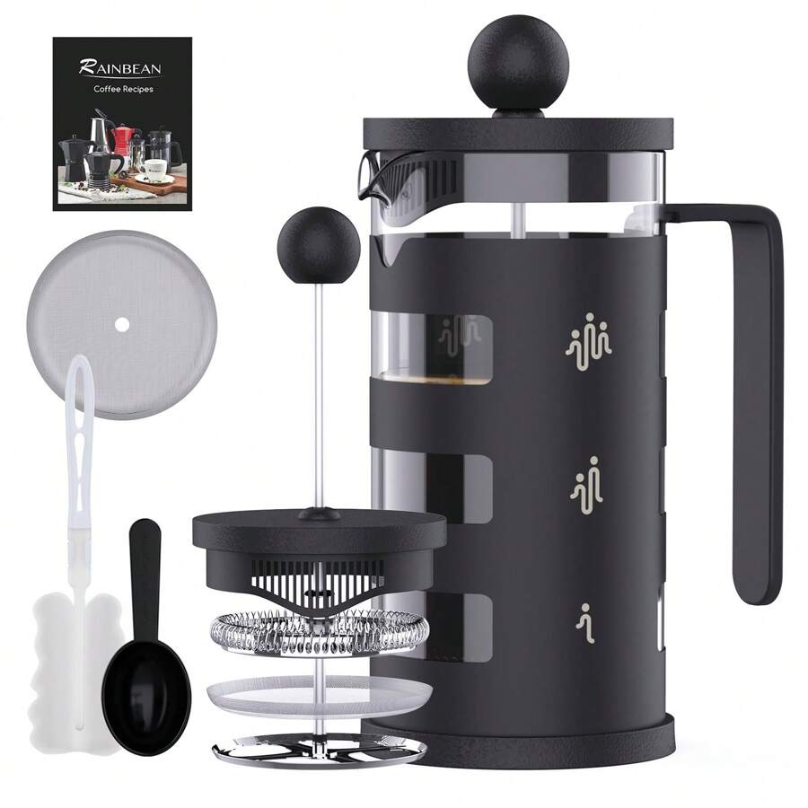 RAINBEAN Cafetiere 2 杯法式压滤咖啡壶，易清洁，耐热硼硅酸盐玻璃，350 毫升/12 盎司，黑色 - 黑色 - 查看 1