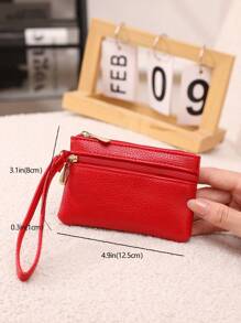 Women's Glossy Short Wallet With Litchi Pattern Wrist Strap Double Zipper Closure For Women Wallet Mini Wallet Purse Wallet Wristlet Wallet Coin Wallet - Red - View 5