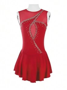 Disfraz de patinaje artístico rojo sin mangas con red en la espalda, pedrería, alto estiramiento, traje de entrenamiento de competición de patinaje artístico, disfraz de baile - Rojo - Ver 1