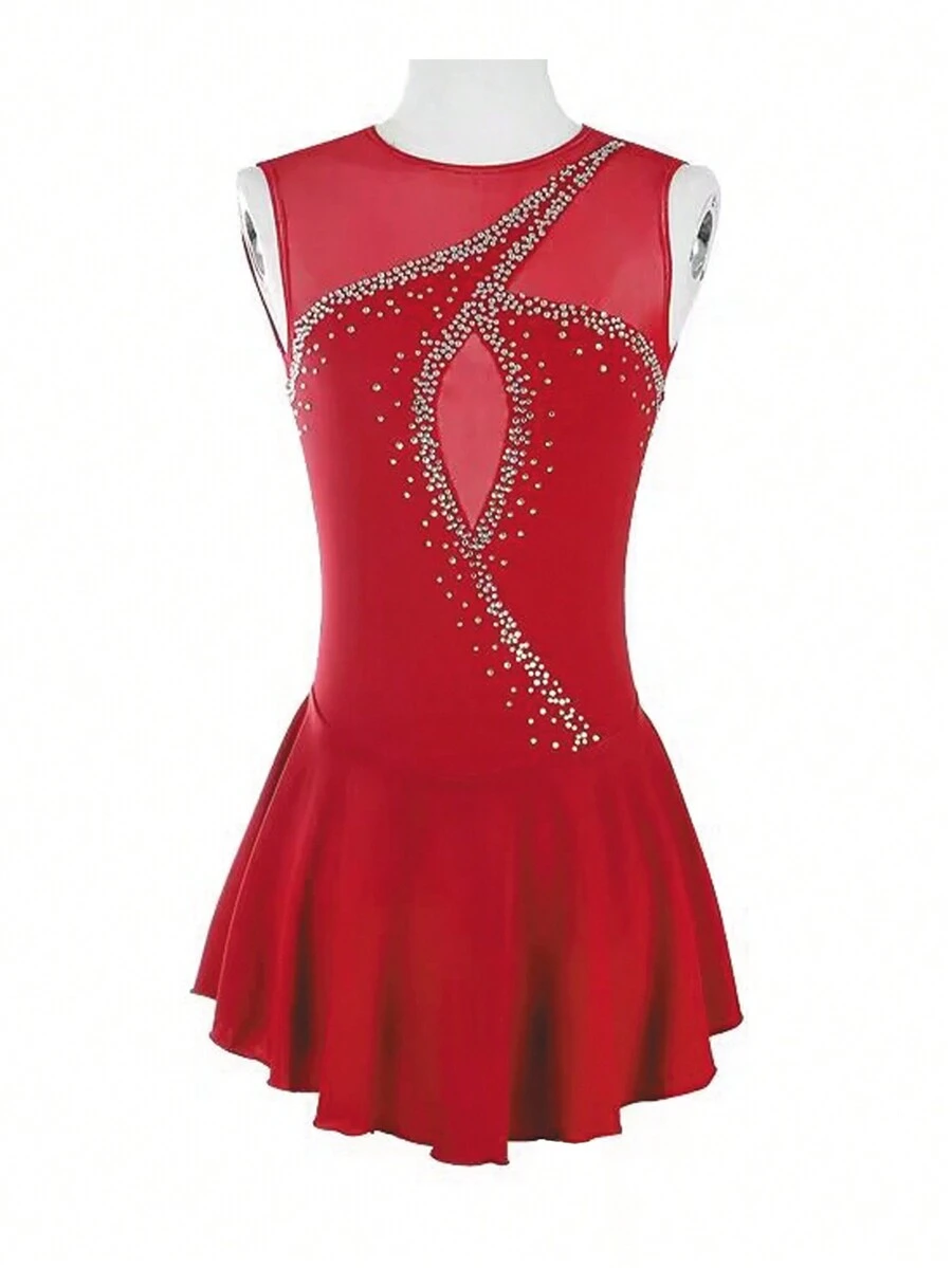 Disfraz de patinaje artístico rojo sin mangas con red en la espalda, pedrería, alto estiramiento, traje de entrenamiento de competición de patinaje artístico, disfraz de baile - Rojo - Ver 1