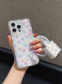 Colorful Floral Pattern Air Cushion Phone Case + Charger Protector Cover & Anti-Bite Cable Organizer