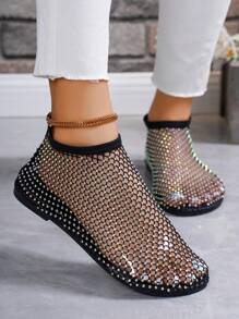 2024 年新款朋克音乐节水钻网眼透气舒适休闲居家沙滩派对女士平底鞋 - 黑色 - 查看 4