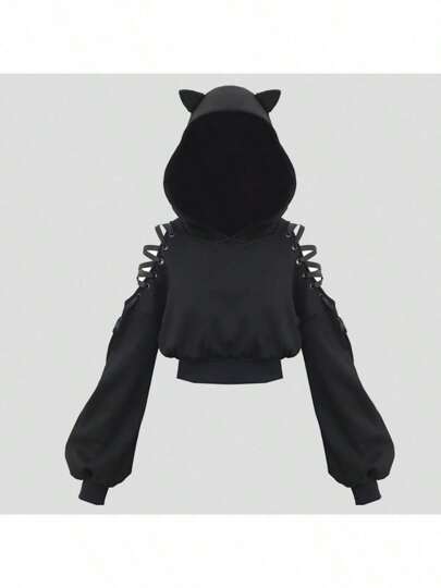 Sudadera de mujer con capucha y orejas de gato sin hombros Sudadera sexy