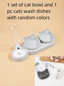 1pc Cat Ear Design Pet Double Bowl With Drinking Bottle For Dog And Cat For Drink More Water And Food Feeding - Light Grey - View 14