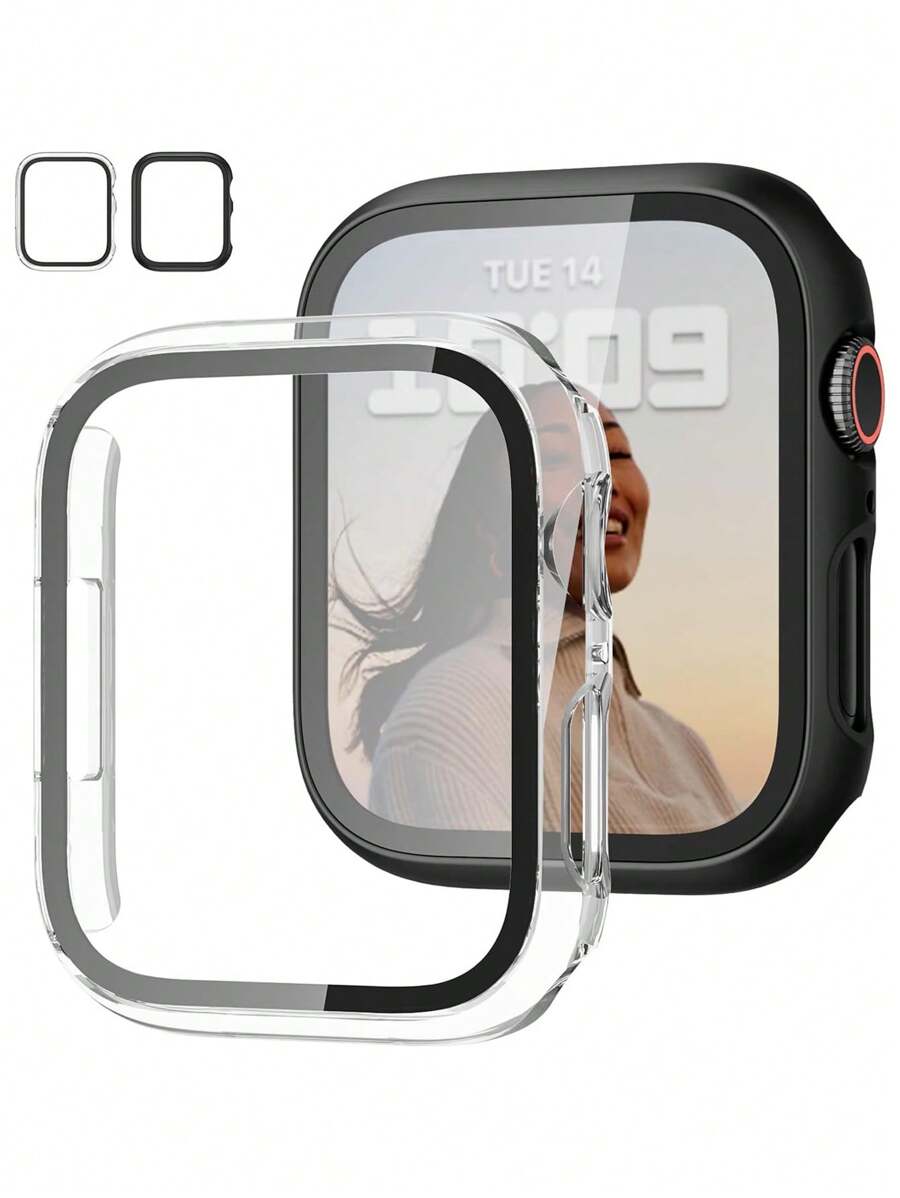 2pcs Transparent Black PC + Tempered Glass Integrated Watch Case, Anti-Drop Fashionable Protective Cover, Compatible With Apple Watch Series Ultra/SE/11/10/9/8/7/6/5/4/3/2/1, 38/40/41/42/44/45/46/49mm, Smartwatch Accessory