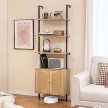 COSTWAY Ladder Bookshelf With Rattan Cabinet 71" Tall Wall Mounted Bookcase Natural - 天然-1 PCS - 查看 3