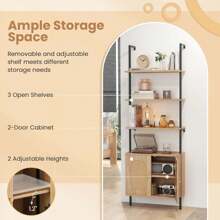 COSTWAY Ladder Bookshelf With Rattan Cabinet 71" Tall Wall Mounted Bookcase Natural - 天然-1 PCS - 查看 10