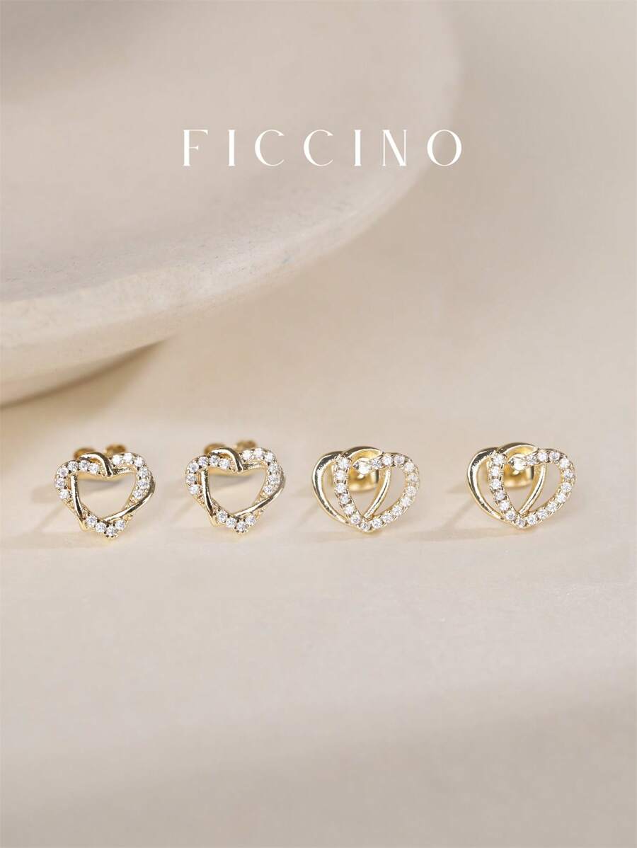 FICCINO Classic Heart Stud Earrings, Heart-Shaped Design With Gold Plating And Cubic Zirconia, Cute Girl's Daily Wear Earrings, Comes With Jewelry Box, Great For Mother's Day, Friendship, Anniversary, Holiday Gifts - Heart Earrings - View 1