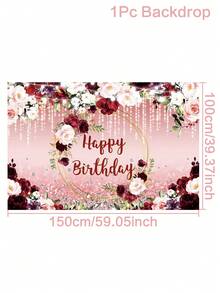 1 pieza 100cm*150cm Tema de flores rojas y rosas de Feliz Cumpleaños Poliéster Fondo de tela de fondo de fotografía para decoración del hogar, accesorios para fotografías de decoración de cumpleaños de mujeres - Multicolor - Ver 3
