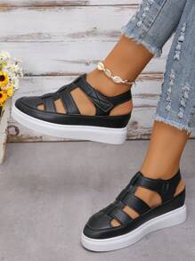 女士厚底漆皮拖鞋，厚底空心設計，戶外防滑包頭鞋，2024年夏季新品 - 黑色 - 查看 3