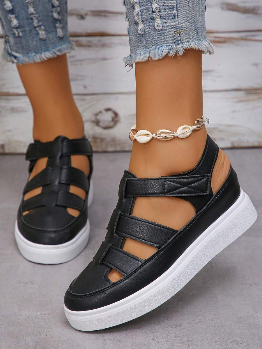 女士厚底漆皮拖鞋，厚底空心設計，戶外防滑包頭鞋，2024年夏季新品 - 黑色 - 查看 1